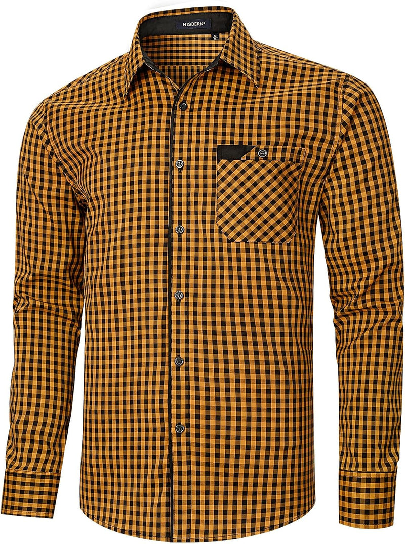 Men's Casual Long Sleeve Plaid Shirt - C-YELLOW