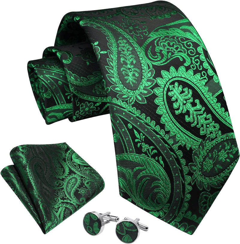 Paisley Tie Handkerchief Cufflinks - BLACK/GREEN