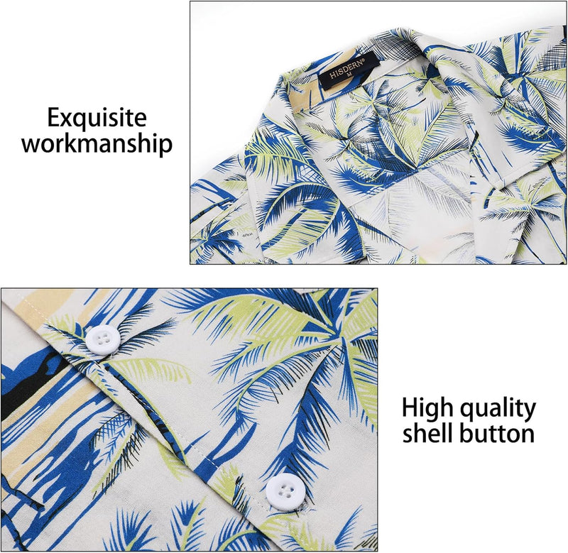 Yellow White Palm Tree Button Up Hawaiian Shirt For Summer Vacation