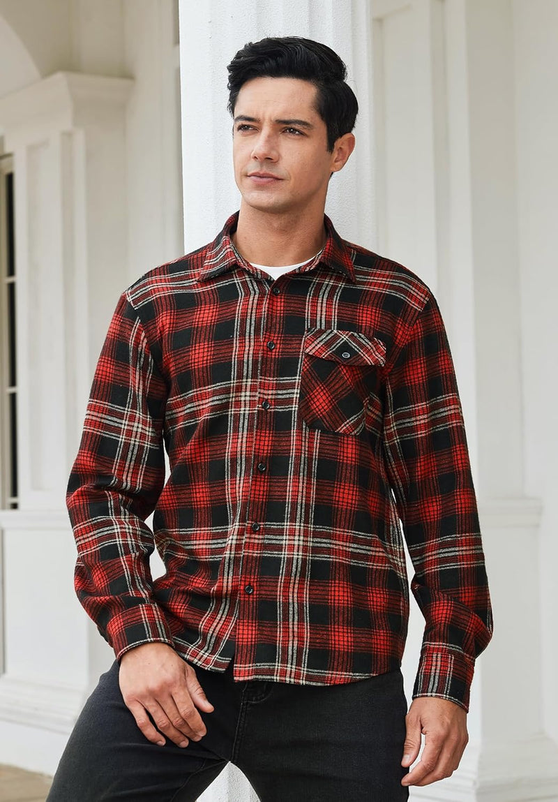 Plaid Mens Flannel Shirt With Pockets - 5E-BLACK/BURGUNDY-05