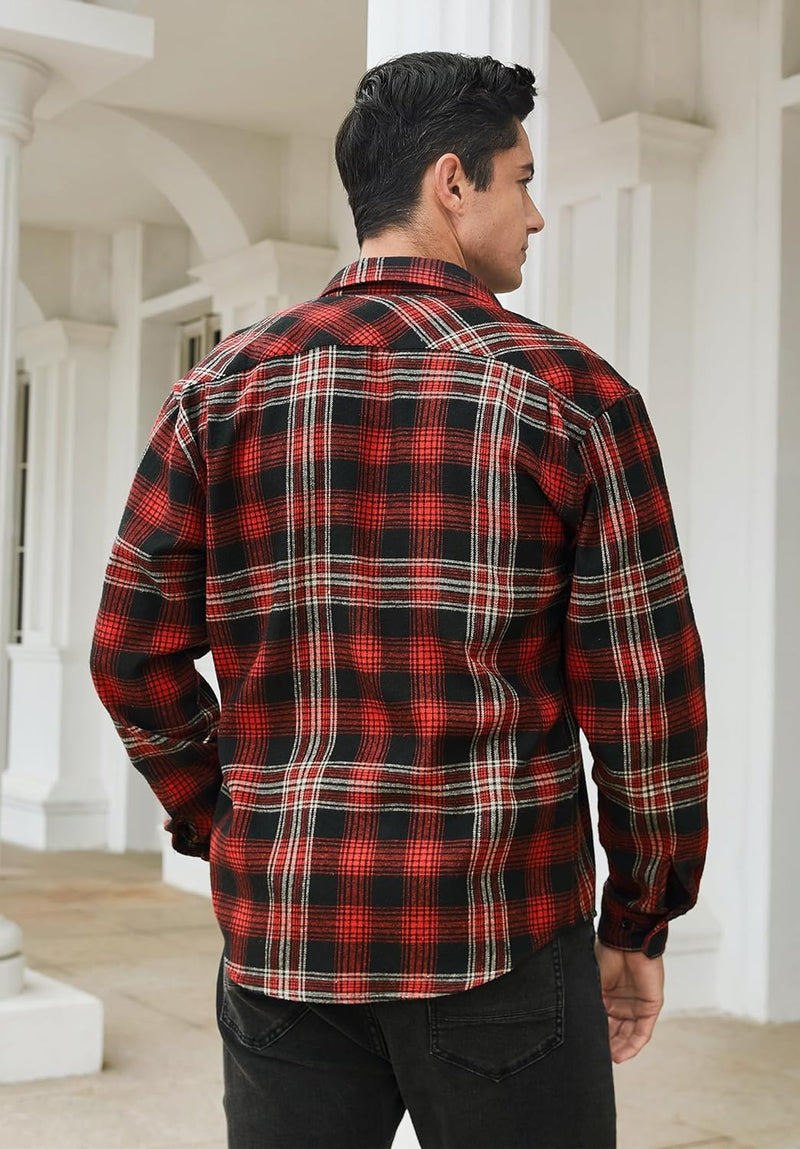 Plaid Mens Flannel Shirt With Pockets - 5E-BLACK/BURGUNDY-05