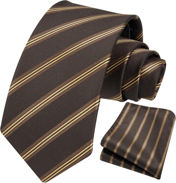 Stripe Tie Handkerchief Set - A-09-BROWN/GOLD