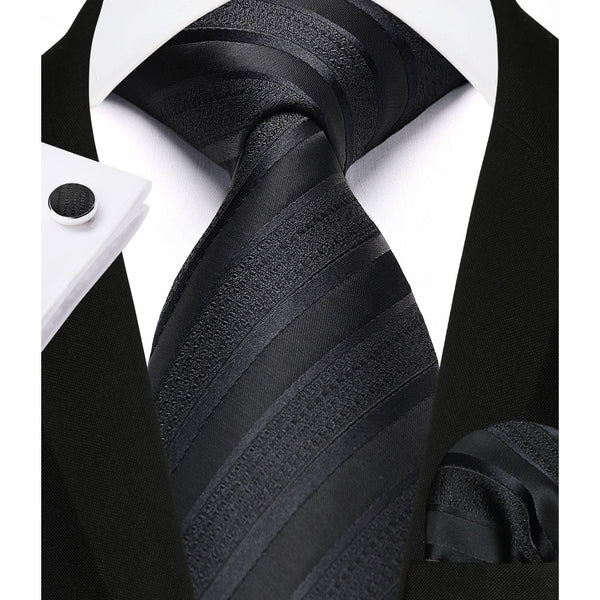 Stripe Tie Handkerchief Cufflinks - C06-BLACK 