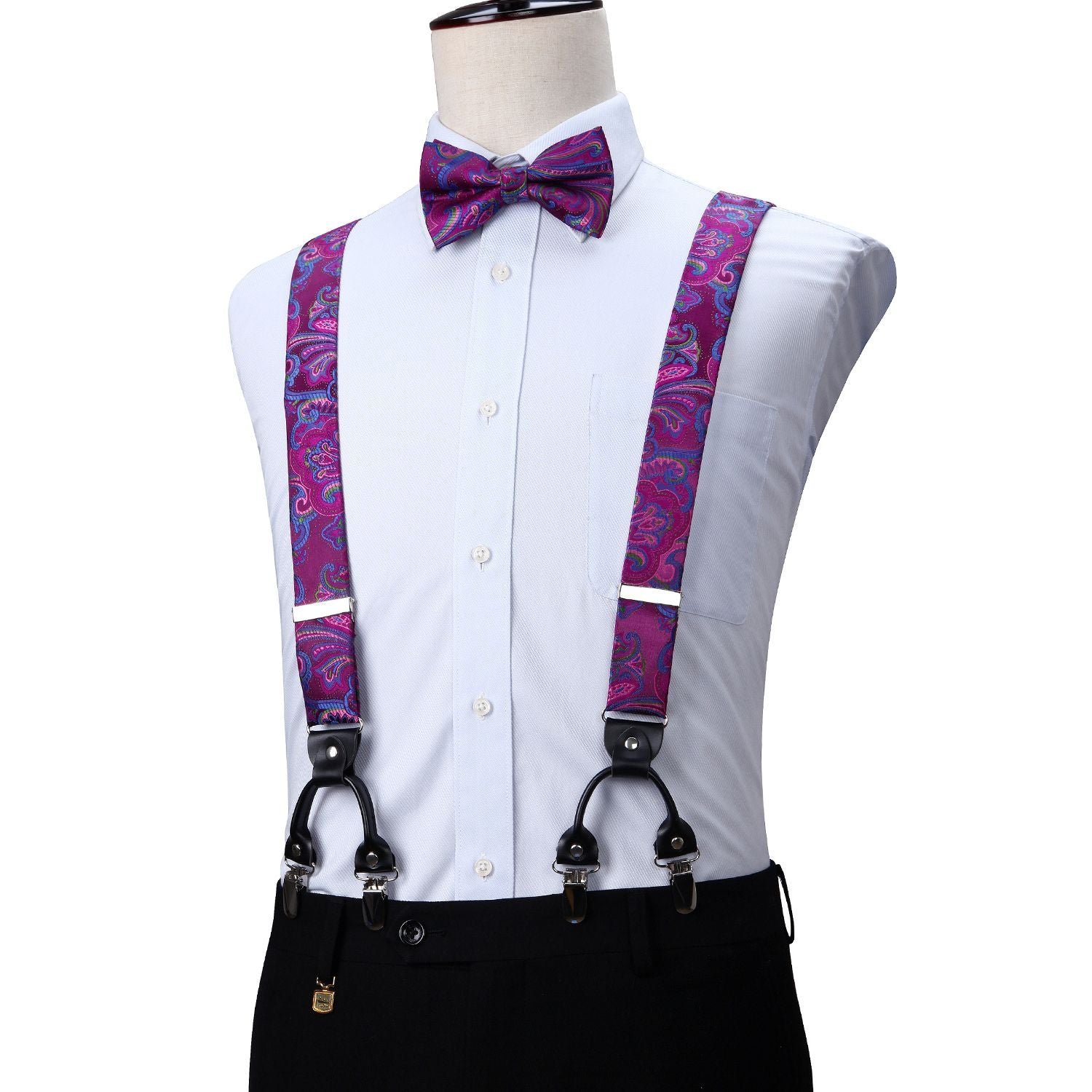 Paisley Floral Suspender Pre-Tied Bow Tie Handkerchief - D10-PRUPLE/PINK