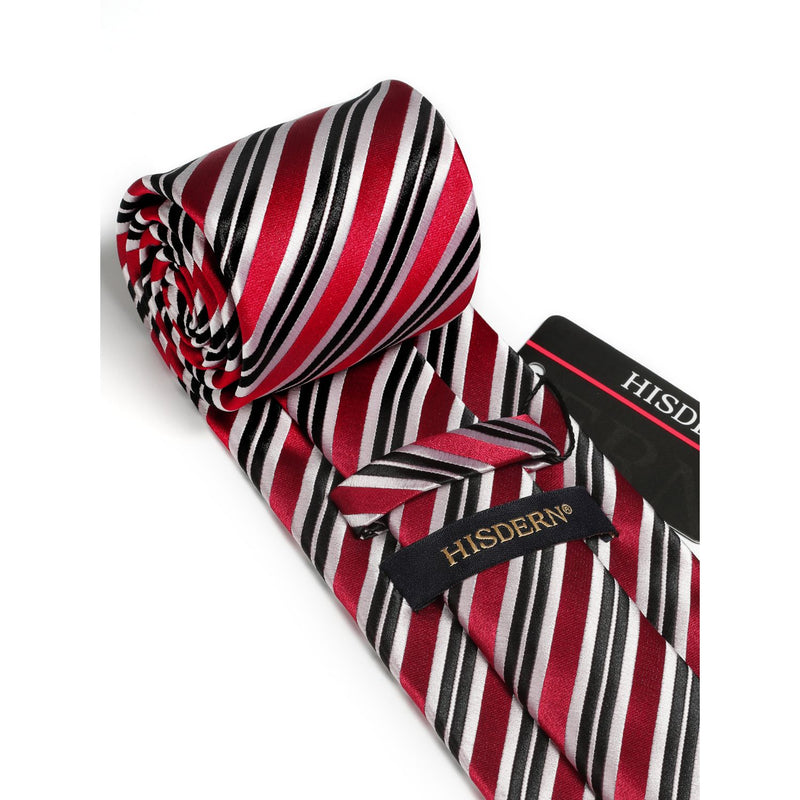 Stripe Tie Handkerchief Set - RED/WHITE/BLACK 