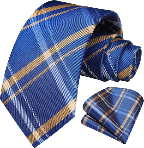 Men's Plaid Tie Handkerchief Set - E2-BLUE