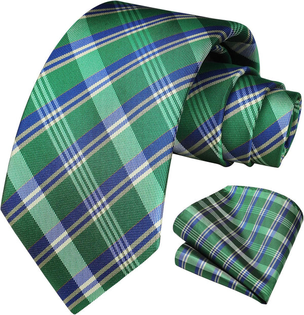 Men's Plaid Tie Handkerchief Set - E2-GREEN