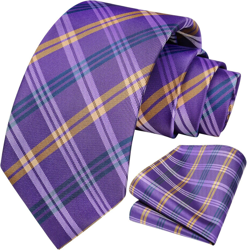 Men's Plaid Tie Handkerchief Set - 024-PURPLE