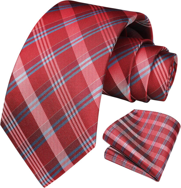 Men's Plaid Tie Handkerchief Set - E2-RED