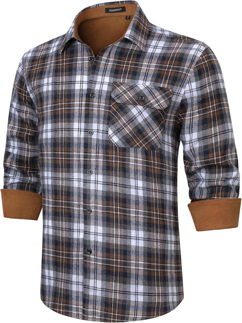 Plaid Men's Flannel Shirt With Pockets - 7N-BROWN/NAVY-3