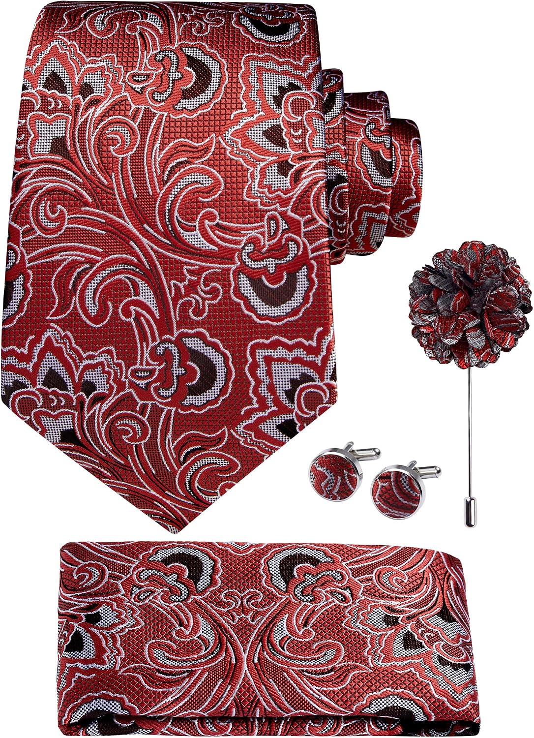 Hisdern Men's Paisley 4-Piece Tie Set in Bright Red for Weddings & Formal Wear
