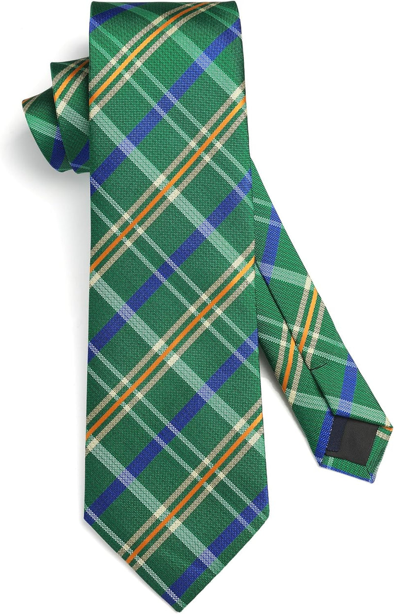 Men's Plaid Tie Handkerchief Set - 022-GREEN