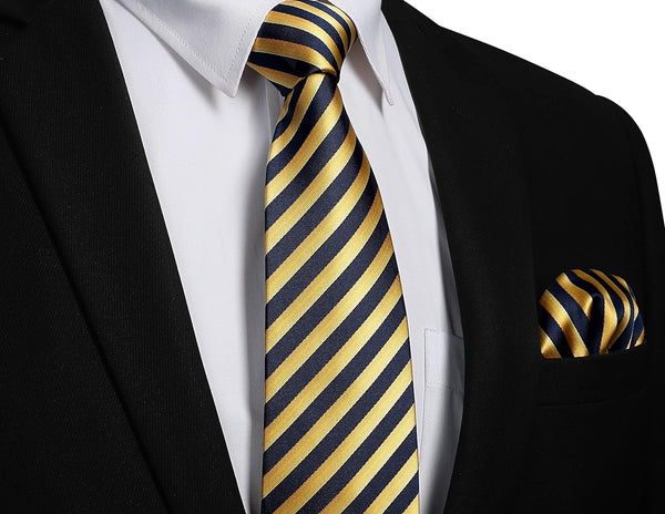 Stripe Tie Handkerchief Set - NAVY BLUE/GOLD
