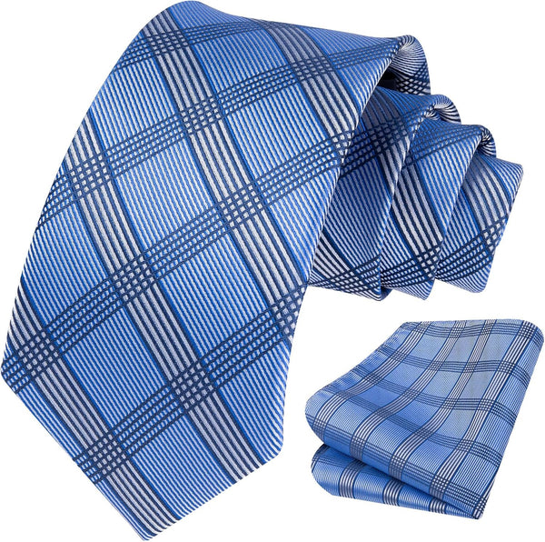 Men's Plaid Tie Handkerchief Set - D2-BLUE