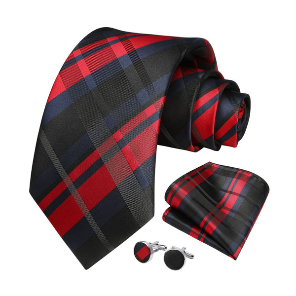 Plaid Tie Handkerchief Cufflinks - 03-BLACK RED 