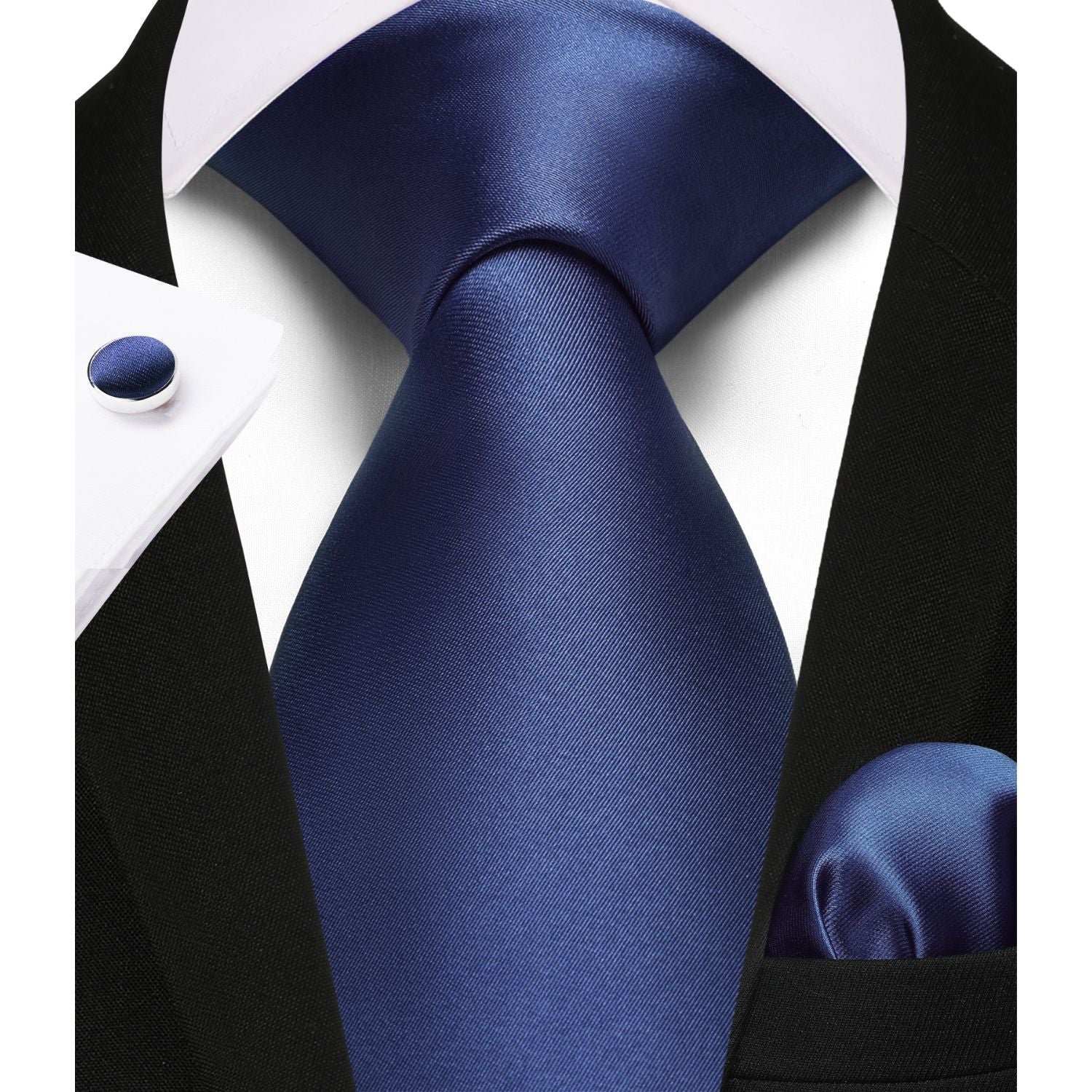 Solid Tie Handkerchief Cufflinks - E1-NAVY BLUE
