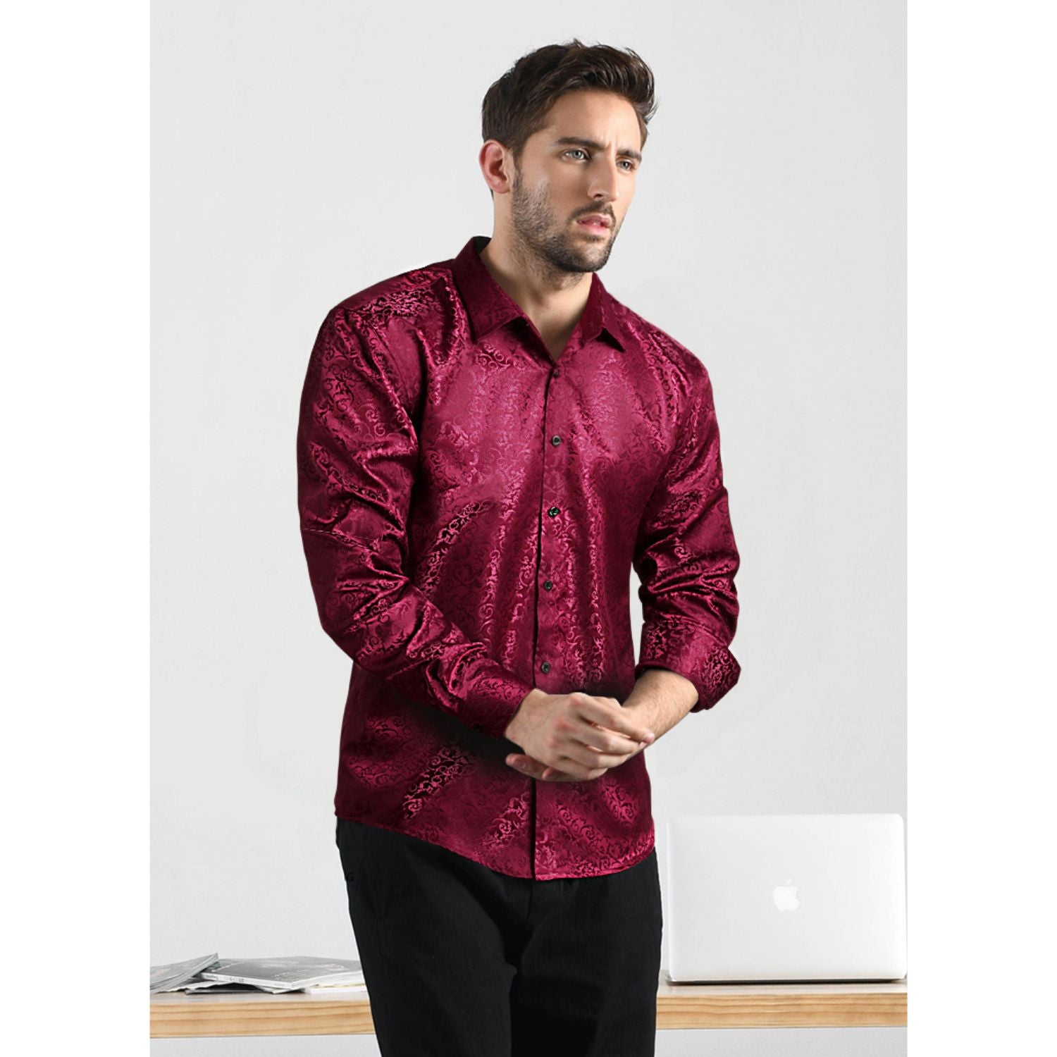 Floral Satin Dress Shirt - 05-BURGUNDY RED
