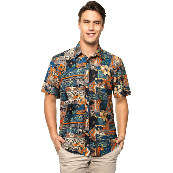 Hawaiian Tropical Shirts with Pocket - NAVY BLUE/ORANGE 