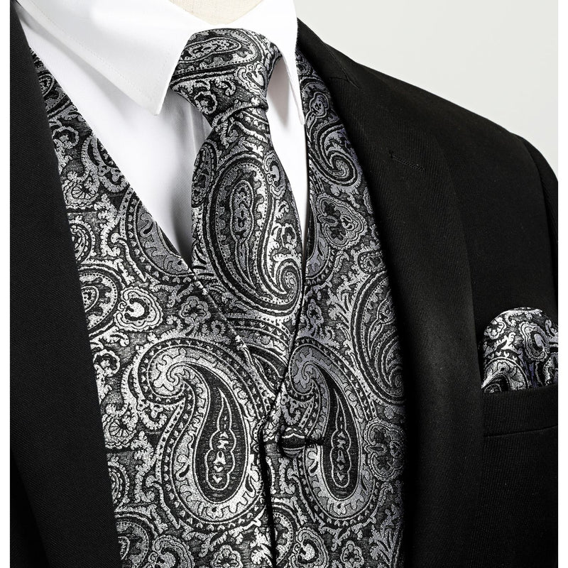 Paisley Floral 4pc Suit Vest Set - G-SILVER/BLACK 