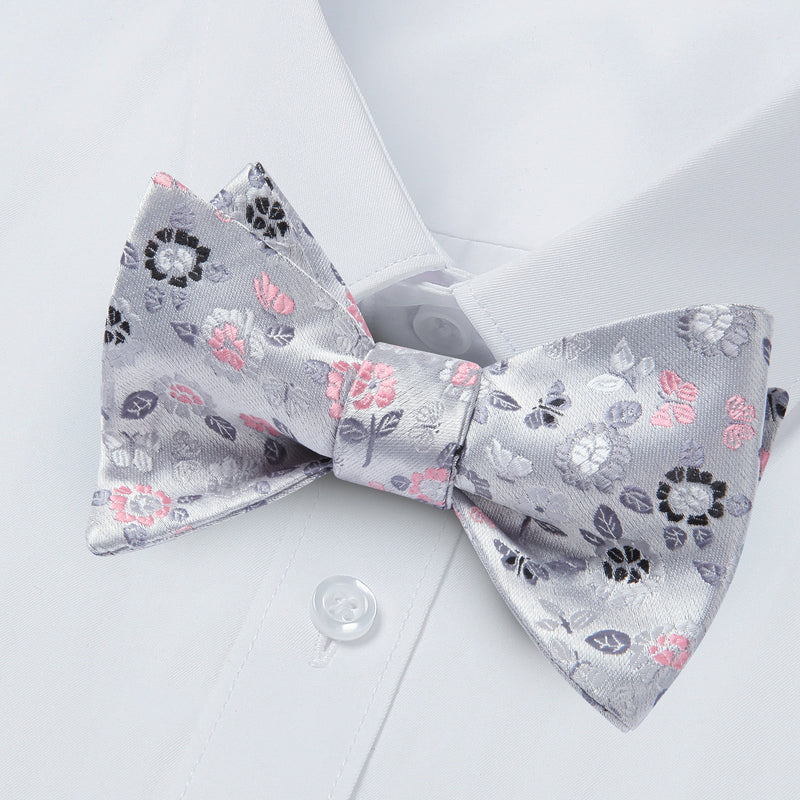 Floral Bow Tie & Pocket Square - GREY/PINK