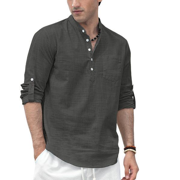 Men‘s Henley Shirt Cotton Linen with Pocket - DARK GRAY