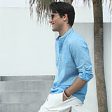 Men‘s Henley Shirt Linen with Pocket - SKY BLUE
