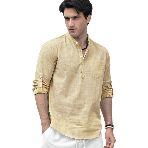 Casual Henley Shirt with Pocket - BEIGE