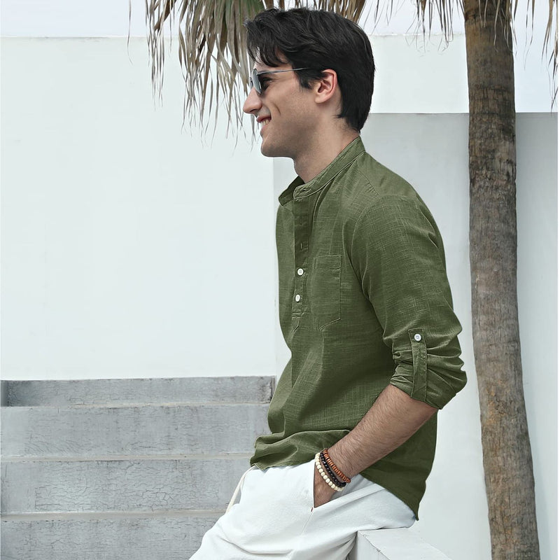 Men‘s Henley Shirt Linen with Pocket - GREEN