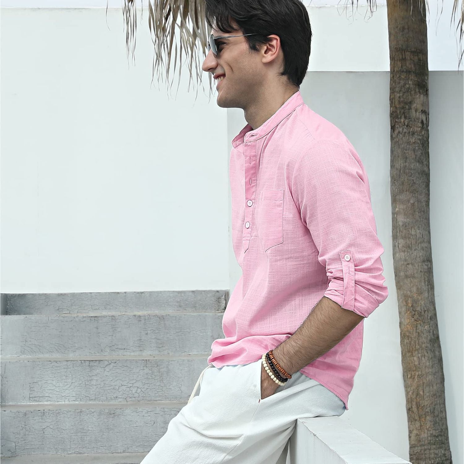 Hisdern Men's Pink Henley Long Sleeve Shirt Casual Button-Up Style