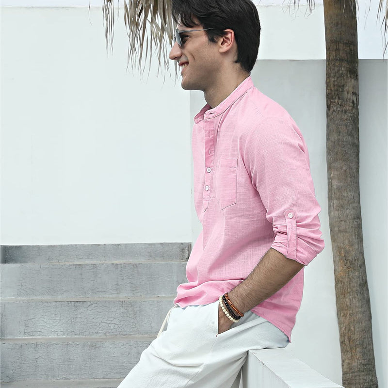 Men‘s Henley Shirt Long Sleeve with Pocket - PINK
