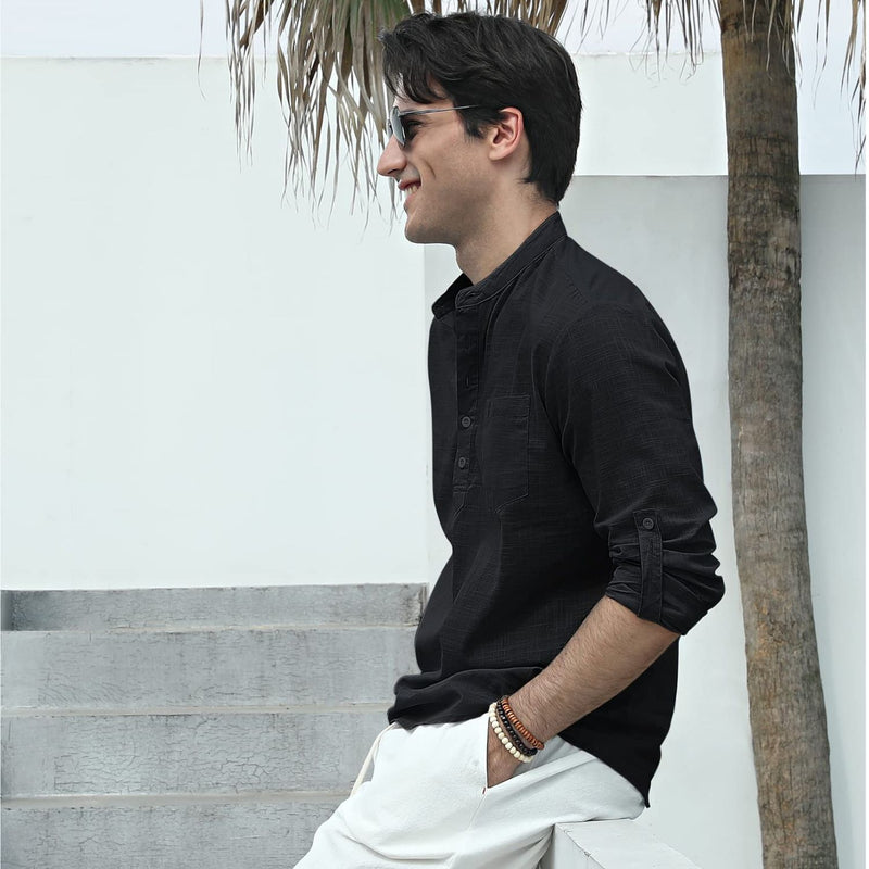 Men‘s Henley Shirt Cotton Linen with Pocket - BLACK
