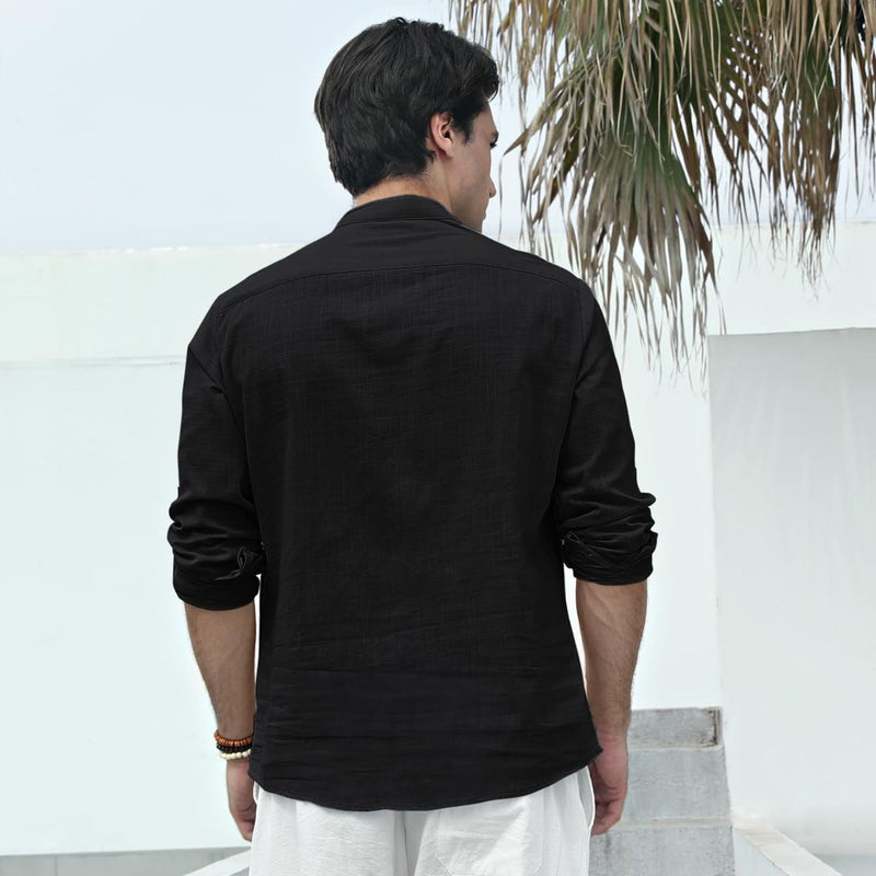 Men‘s Henley Shirt Cotton Linen with Pocket - BLACK
