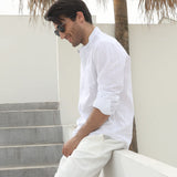Men‘s Henley Shirt  Cotton Linen with Pocket - WHITE