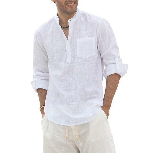 Men‘s Henley Shirt  Cotton Linen with Pocket - WHITE