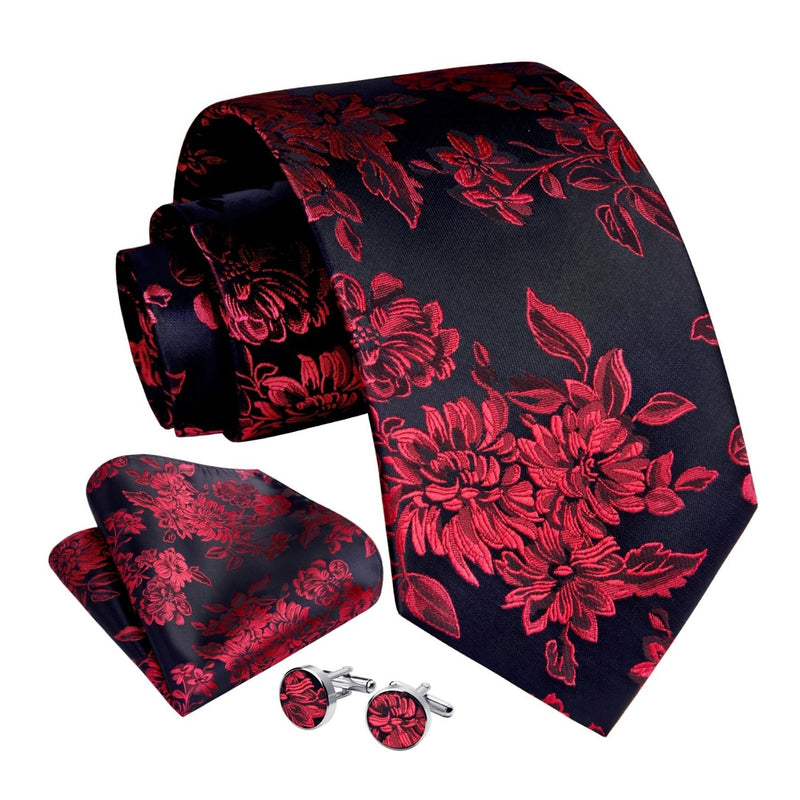 Floral Tie Handkerchief Cufflinks - BLACK/RED