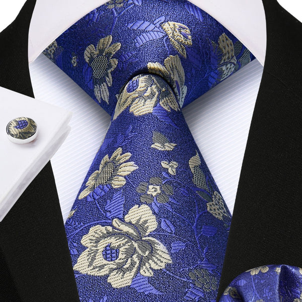 Floral Tie Handkerchief Cufflinks - NAVY BLUE/GOLD