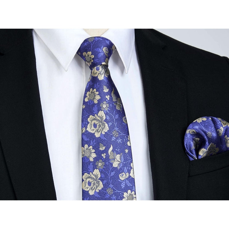 Floral Tie Handkerchief Cufflinks - NAVY BLUE/GOLD