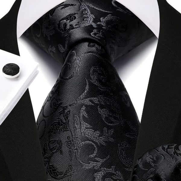 Floral Tie Handkerchief Cufflinks - BLACK