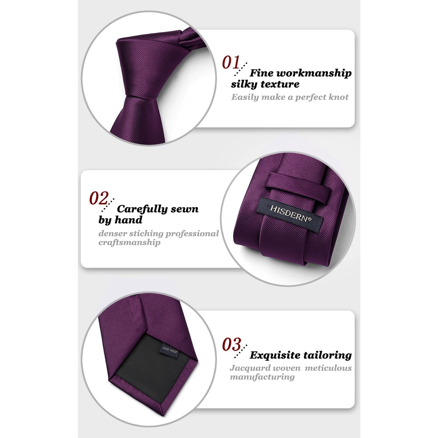 Hisdern Eggplant Purple Solid Men's Tie Set for Formal & Wedding