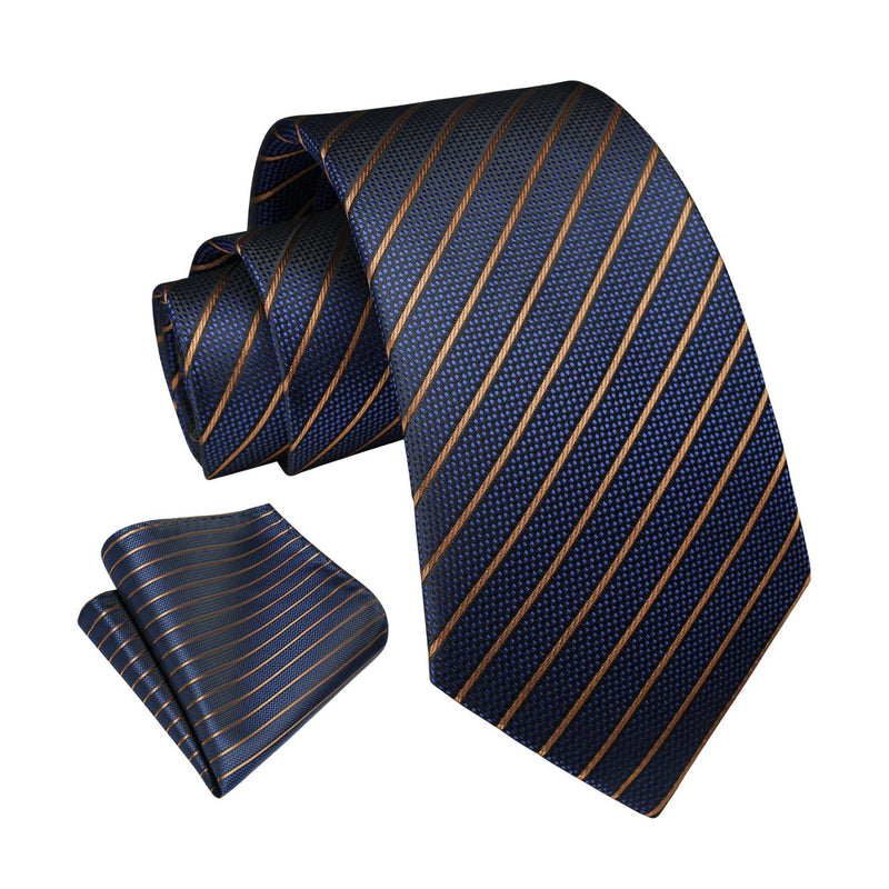 Stripe Tie Handkerchief Set - 17 NAVY BLUE/YELLOW