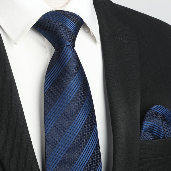 Stripe Tie Handkerchief Set - NAVY BLUE