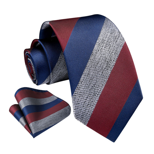 Stripe Tie Handkerchief Set - 43 BRUGUNDY/NAVY BLUE