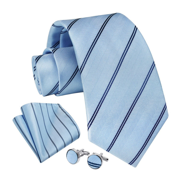 Stripe Tie Handkerchief Cufflinks - A012-LIGHT BLUE