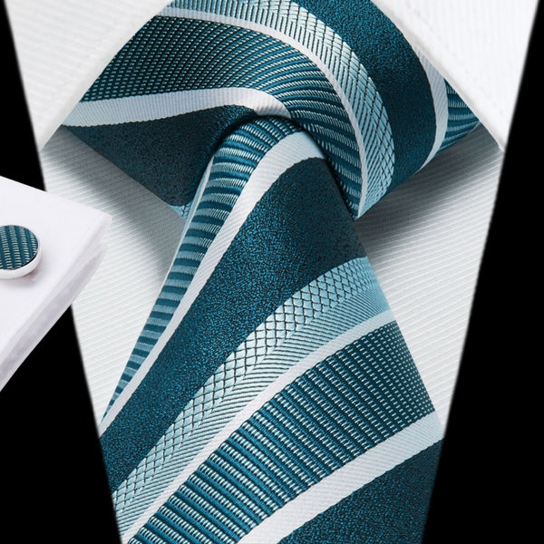 Stripe Tie Handkerchief Cufflinks - TURQUOISE