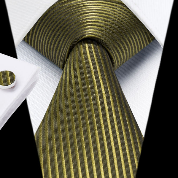 Stripe Tie Handkerchief Cufflinks - OLIVE GREEN