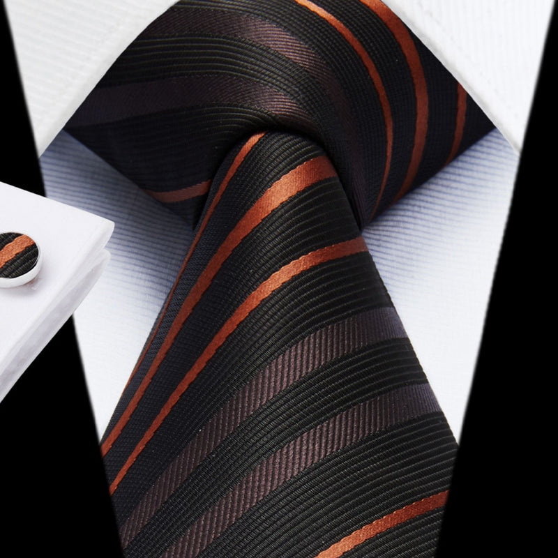 Stripe Tie Handkerchief Cufflinks - BLACK ORANGE