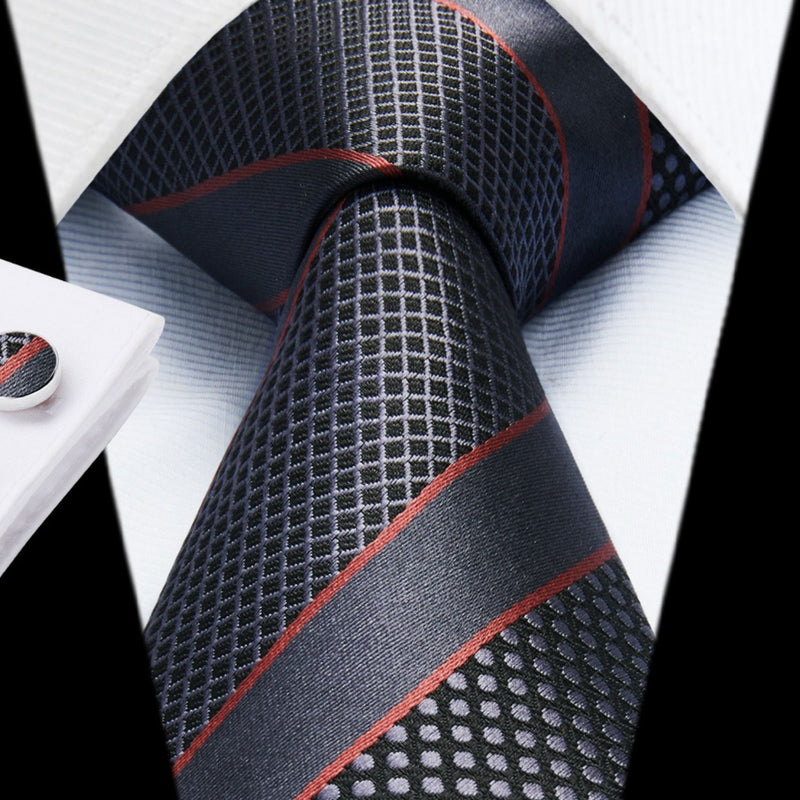 Stripe Tie Handkerchief Cufflinks - BLACK RED