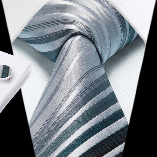 Stripe Tie Handkerchief Cufflinks - SILVER WHITE BLUE