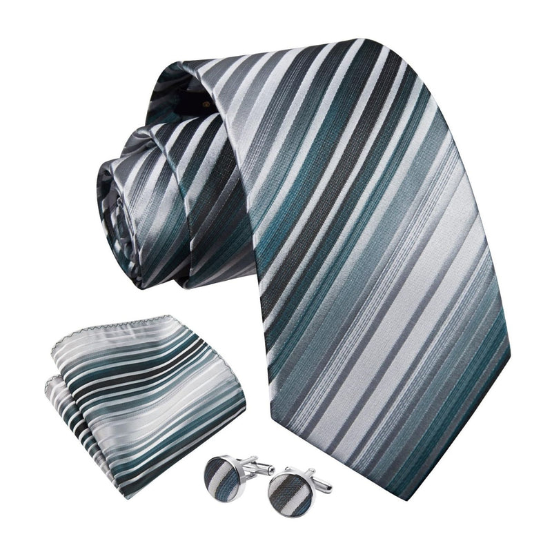 Stripe Tie Handkerchief Cufflinks - SILVER WHITE BLUE