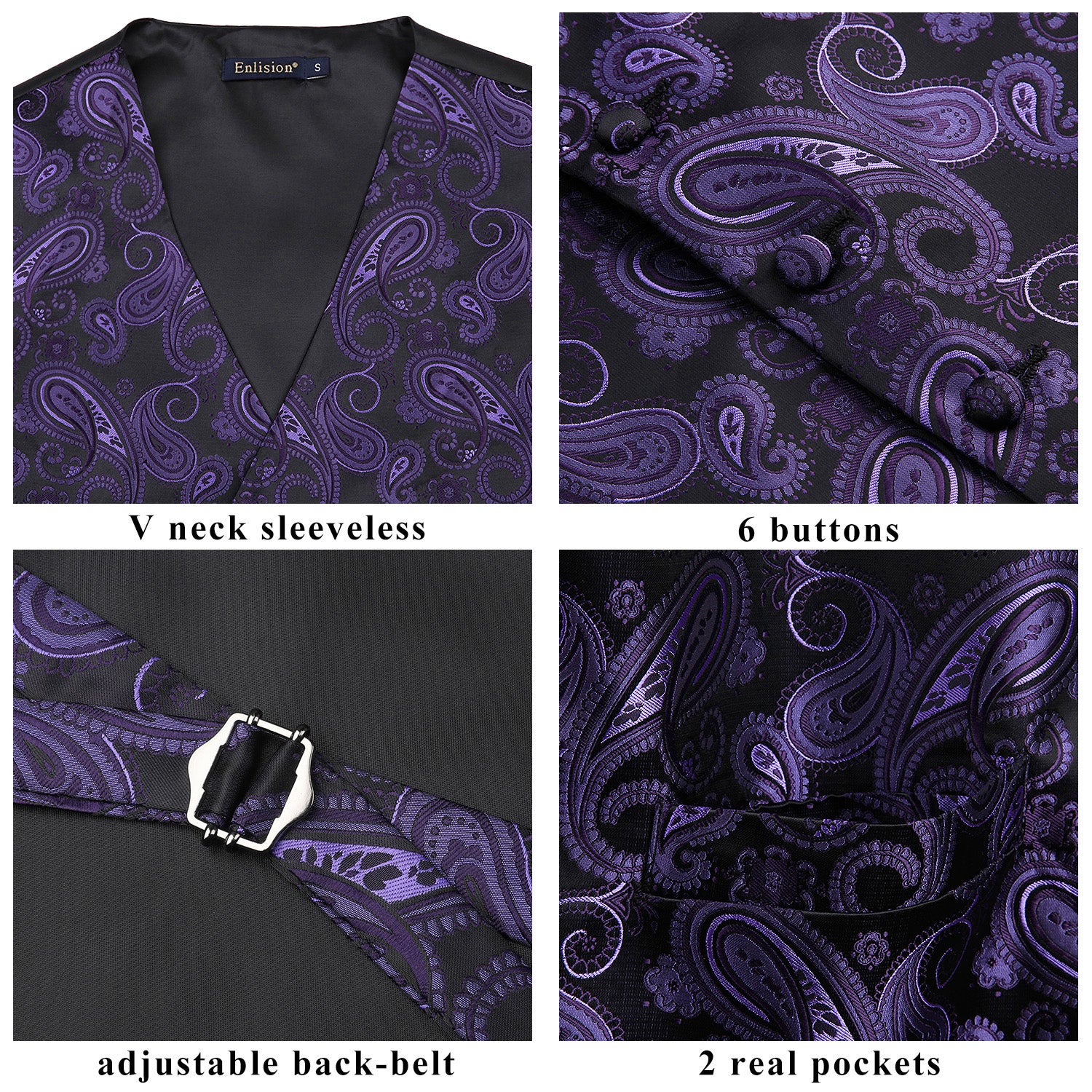 Hisdern Men's Purple Black Paisley Vest Tie Set For Weddings